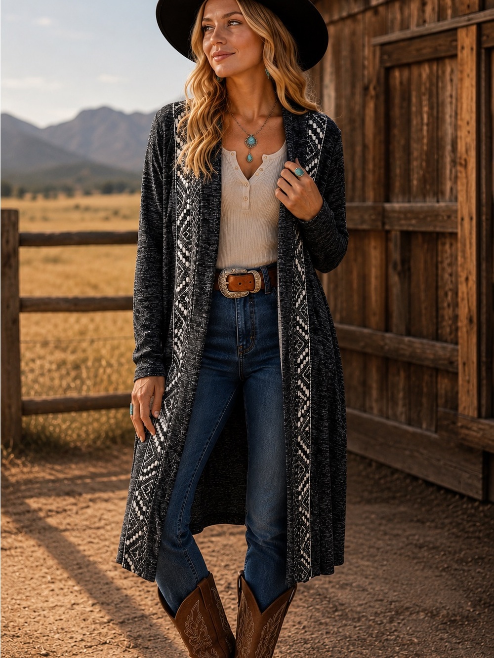 Miss Me Heather Gray Southwestern Aztec Long Duster Boho Open Front Cardigan